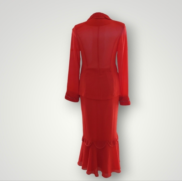Tally Taylor Red 3 Piece Skirt Suit Embellished Jacket & Flair Skirt Detail Sz 8 - Picture 6 of 12